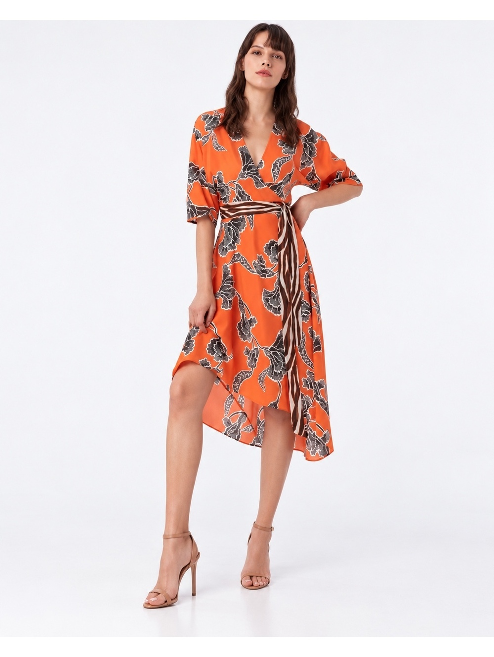 Diane von Furstenberg Eloise Asymmetrical Wrap Dress Orange Floral XXS